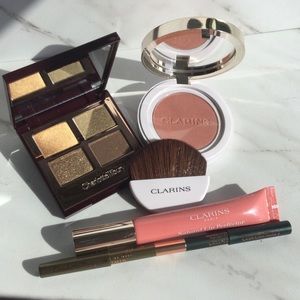 4 items: Charlotte Tilbury Green Lights shadow + liner, Clarins #05 gloss +blush
